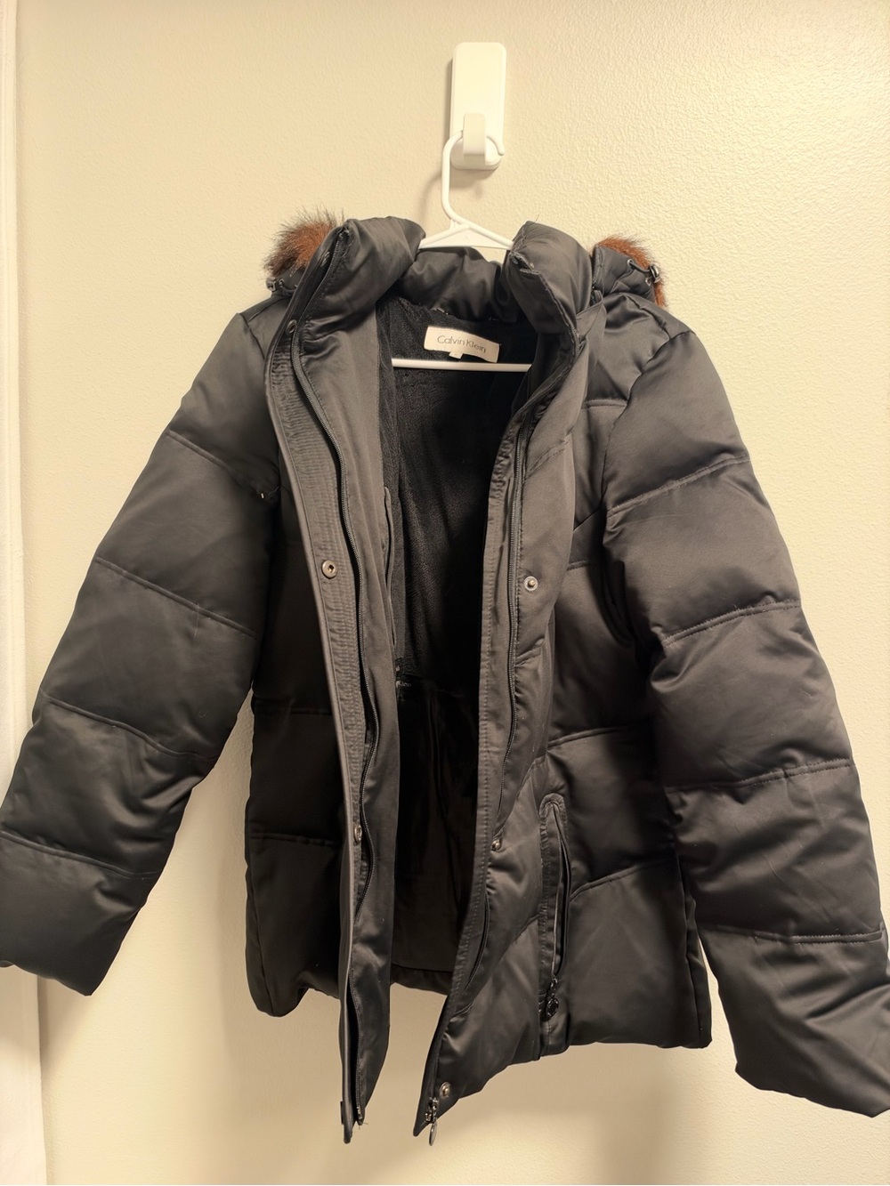 Calvin Klein Black Puffer Coat with Faux Fur Trim Hood